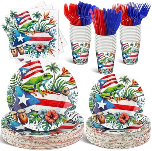 FoldTier 350 Pcs Puerto Rico Party Decoration Disposable Paper Plates Napkin Cup Puerto Rico Latin Birthday Tableware Tropical Fiesta Flag Coqui Frog for Summer Bachelorette Pool Party Serve 50 Guests by FoldTier