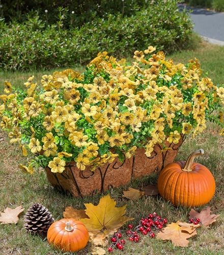 Daisy Artificial Flowers for Outdoors Decor, 12 Bundles Faux Daisy with Eucalyptus Fake Plants Greenery UV Resistant Look Real Colorful Faux Flowers for Outside Planter Porch Patio Gardens, Yellow - Image 2