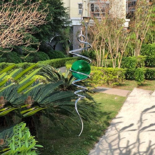 Fonmy Gazing Ball Spiral Tail Wind Spinner Stabilizer with Swivel Hook 11inch Stainless Steel Tail and 2 inch Green Glass Orb. Indoor Outdoor Garden Decoration Hanging Ornaments 13 inch Height - Image 2