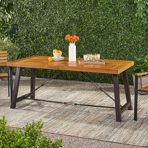 70'' Outdoor Patio Dining Table & 2 Bench for 4, Acacia Wood Farmhouse Dining Table Set Outdoor & Indoor Furniture for Patio Porch Garden, H-Shaped Metal Base, 3-Pcs, Teak - Image 5