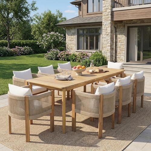 Christopher Knight Home Matera Acacia Wood Outdoor Dining Set for 8, 9 Piece Patio Dining Table and Chair Set, Wooden Outdoor Dining Armchair and Table Set with Removable Cushion, Light Teak+Beige - Image 3