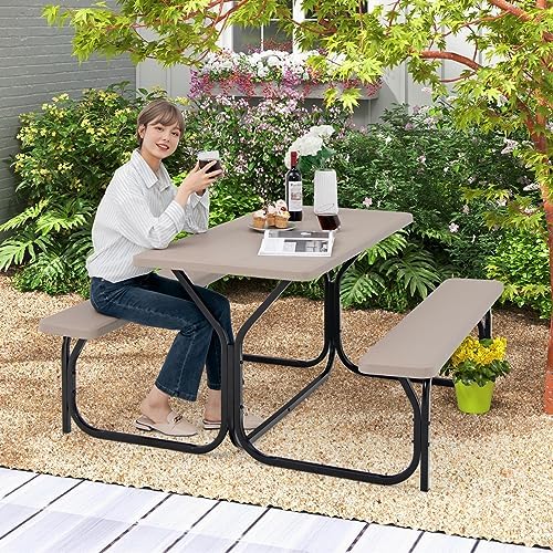 ORALNER Picnic Table, Plastic Dining Table & 2 Benches Set, Weather Resistant Wood Grain Resin Tabletop & Steel Frame, Picnic Tables for Outdoors, Porch Yard Patio Lawn Party Camping (Light Brown) - Image 3