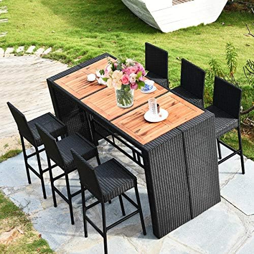 Tangkula 7 PCS Outdoor Wicker Furniture with Acacia Wood Bar Table Top and Removable Cushion, Conversation Set for Dining, Patios, Backyards, Porches, Gardens and Poolside (Black) - Image 2