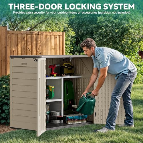 YITAHOME Outdoor Storage Shed w/o Shelf, 30 cu ft Horizontal Storage Shed Outdoor, Resin Waterproof Storage Cabinet for Garage, Poolside, Bikes, and Garden (Khaki + Black) - Image 3