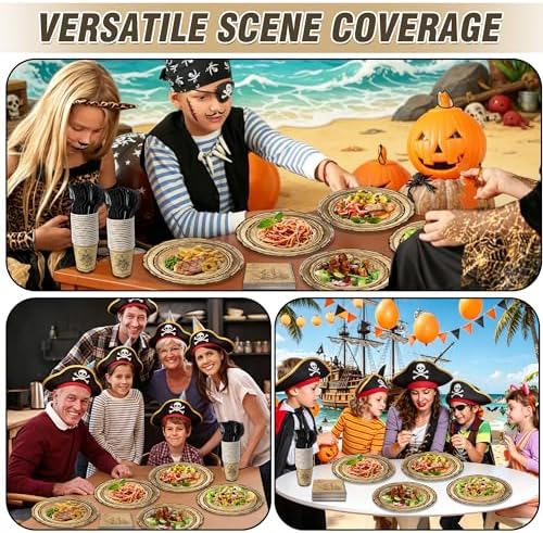144 Pcs Pirate Tableware Set for 24 Guests, Heavy-Duty 7" & 9" Paper Plates, Cups, 2-Ply 13" Napkins & Plastic Forks, Disposable Treasure Map Theme Party Supplies - Image 6