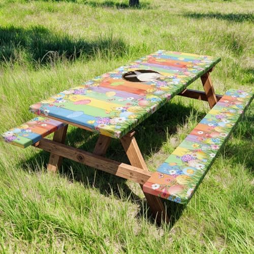 Easter Picnic Table Cover with Bench Covers, Cute Bunny Flower Colorful Wooden Board Camping Tablecloth, Waterproof Windproof, Fitted Tablecloth Cover with Elastic Edge, for Outdoor, 3 PCS, 30x96 Inch - Image 2