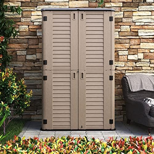 HOMSPARK Storage Shed Weather Resistance, Multi-Purpose Outdoor Storage Cabinet Waterproof, Outdoor Storage Cabinet for Garbage Cans, Lawnmower, Garden Accessories (Coffee, Tall shed-53 cu ft) - Image 2