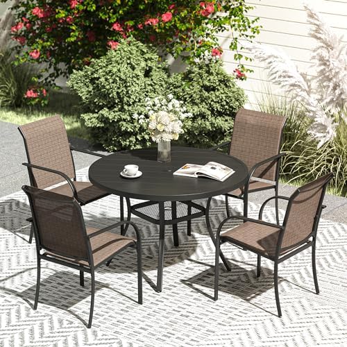 VICLLAX Patio Dining Set for 4, Outdoor Furniture Set Includes 41.2" Round Patio Table and 4 Patio Sling Chairs, Black Tabletop and Brown Fabric by HOME