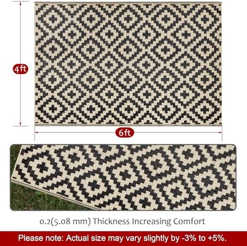 SAND MINE Reversible Mats, Plastic Straw Rug, Modern Area Rug, Large Floor Mat and Rug for Outdoors, RV, Patio, Deck, Beach, Camping (Black & Beige Lattice, 4' x 6', -3% to 5% Size Variance) - Image 2