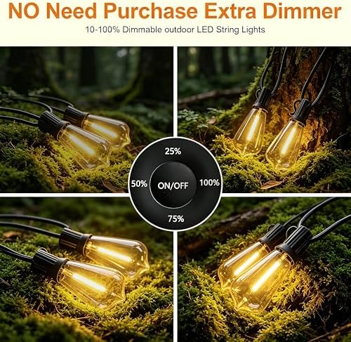 100FT Remote Outdoor String Lights for Outside, 50+2 LED Waterproof Shatterproof Edison Dimmable Timer Bulbs, 2500K Warm White Patio Lights for Garden Backyard Yard Hanging Lighting - Image 3