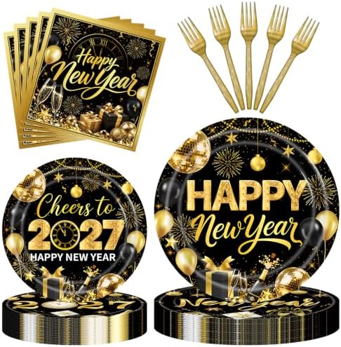 96 Pieces New Year’s Eve Plates and Napkins Set – Black and Gold 2027 Disposable 9 Inch and 7 Inch Party Plates with Gold Forks for New Year Countdown Celebration – Serves 24 Guests by Herytem