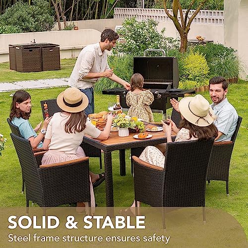 Devoko 7 PCS Acacia Wood Patio Dining Set, Black Rattan - Image 6