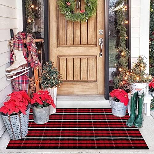 Christmas Front Door Mat 27.5"x43" Red Plaid Outdoor Porch Rug Welcome Mat by OJIA
