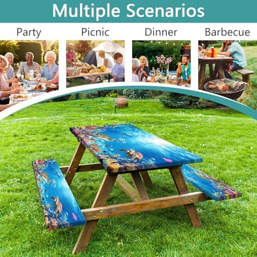 Ocean Animals Picnic Table Cover with Bench Covers, Camping Essentials, Underwater Sea Turtles Waterproof Windproof, Fitted Tablecloth Cover with Elastic Edge, for Garden & Outdoor, 3 PCS, 30x72 Inch - Image 5