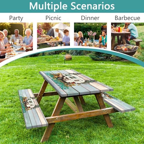 Flowers Picnic Table Cover with Bench Covers and Bag, Camping Essentials, Green Camper Wooden Grain Waterproof, Fitted Tablecloth Cover with Elastic Edge, Outdoor Table Covers, 3 PCS, 30x72 Inch - Image 3