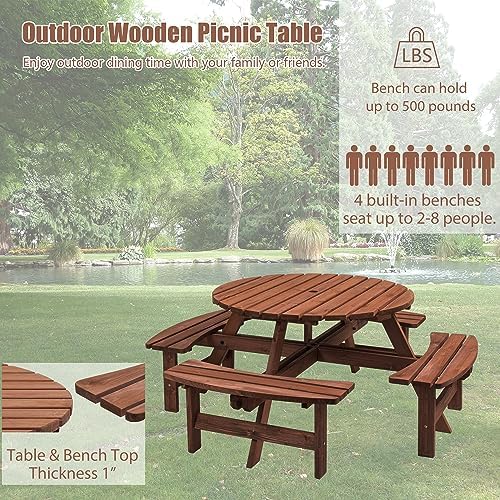 8 Person Wooden Picnic Table, Outdoor Camping Dining Table with Seat, Garden, DIY w/ 4 Built-in Benches, 2220lb Capacity Brown - Image 3