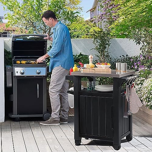 Keter Unity Small 40 Gallon Grill Prep Table and Storage Cart, Grey – BBQ Station with Wheels and Stainless Steel Top, Portable Serving Stand for Patio, Deck, and Backyard - Image 5