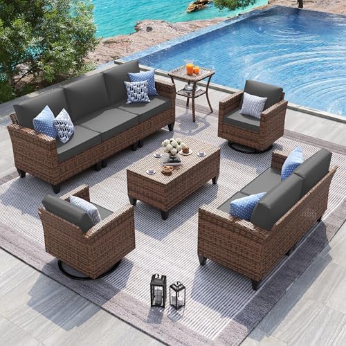 UDPATIO Patio Furniture Set, 6 Pieces Outdoor Conversation Sets with Rocking Swivel Chairs, Wicker Rattan Outdoor Sofa Set with Storage Table and Waterproof Covers for Backyard, Deck, Porch, Grey by UDPATIO