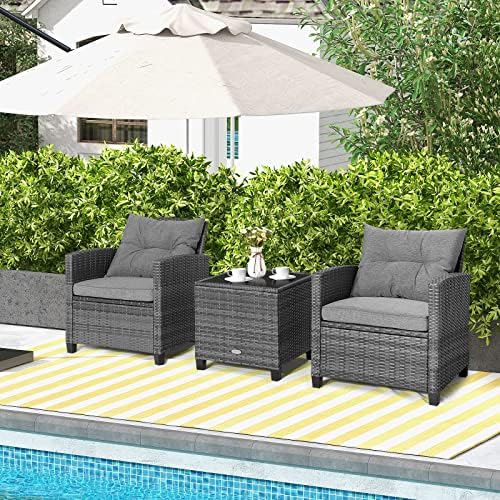 Tangkula 3 Pieces Patio Furniture Set, Outdoor PE Rattan Conversation Chair Set with Tempered Glass Side Table and Removable Cushions, PE Wicker Chairs and Table Set for Porch, Balcony and Garden - Image 4