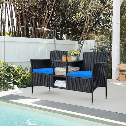 Greesum Patio Loveseat Outdoor Wicker Furniture Conversation Set,Blue - Image 2