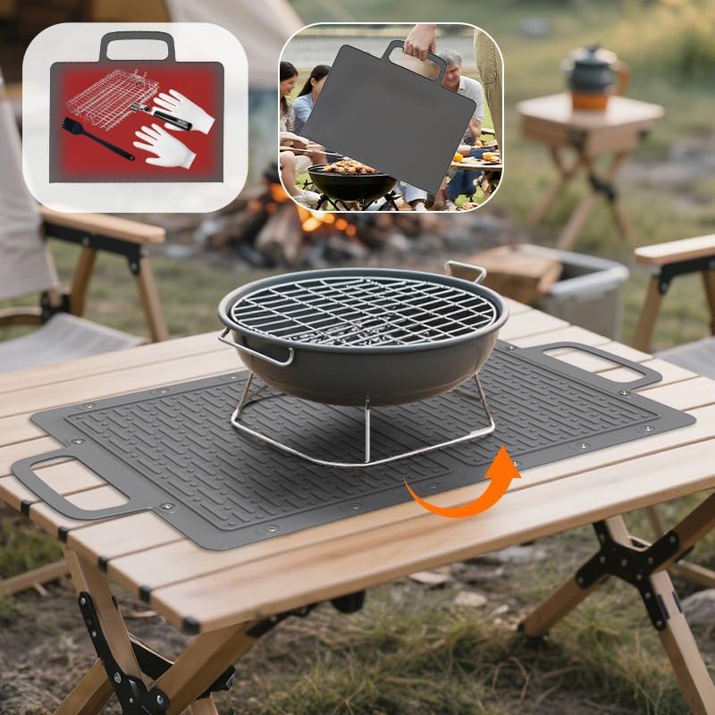 Large Silicone Grill Mat, Heat Resistant Non-Slip BBQ Mat, Foldable Grill Side Shelf Pad with Snap Buttons, Food-Grade, Convertible Storage Bag for BBQ Utensils & Accessories, Gray - Image 3