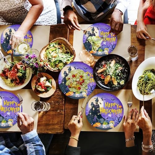 50Pcs Halloween Party Supplies Halloween Paper Plate 7Inch Pumpkin Plates Fall Pumpkin Monster Paper Plates for Haunted House Themed Black Orange Fall Birthday Party Decorations (Purple) - Image 7