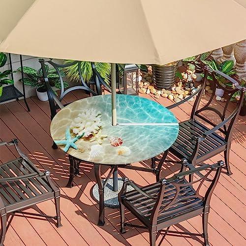 Fitted Round Tablecloth with Umbrella Hole and Zipper Starfish Coral Seashell Outdoor Elastic Table Cloth 36"-44" Oil-Proof Waterproof Summer Beach Patio Table Cover for Picnic Party - Image 7