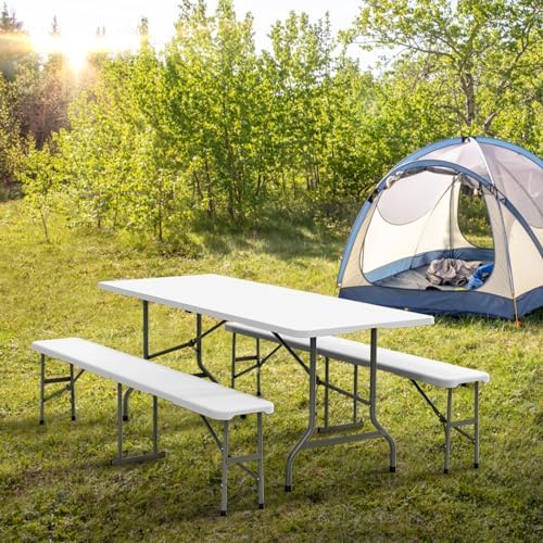 VINGLI Picnic Table Set with 2 Benches, 6 Feet Camping Table Chair Set,3-Piece Folding Furniture for Indoor or Outdoor Use, Smooth Tabletop, White (Pack of 2) - Image 6