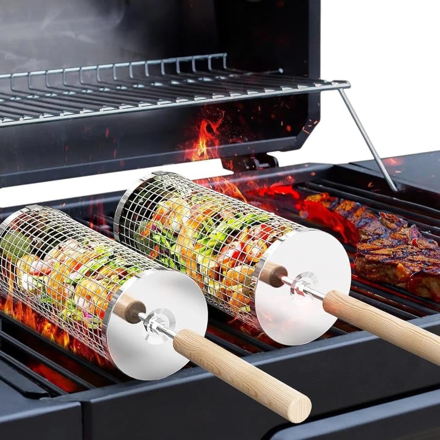 Rolling Grill Basket 2 Pack, Stainless Steel BBQ Gift for Men Dad Husband - Image 4