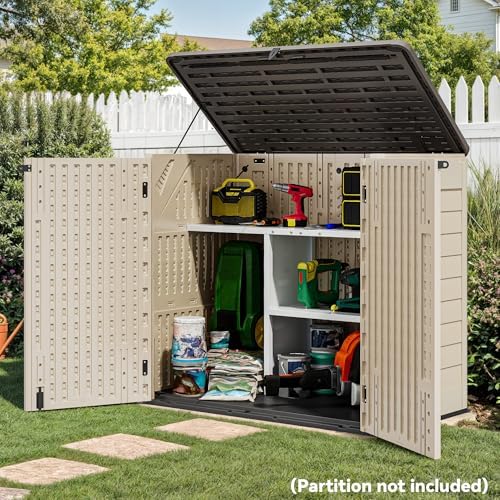 YITAHOME Outdoor Storage Shed w/o Shelf, 30 cu ft Horizontal Storage Shed Outdoor, Resin Waterproof Storage Cabinet for Garage, Poolside, Bikes, and Garden (Khaki + Black) - Image 4
