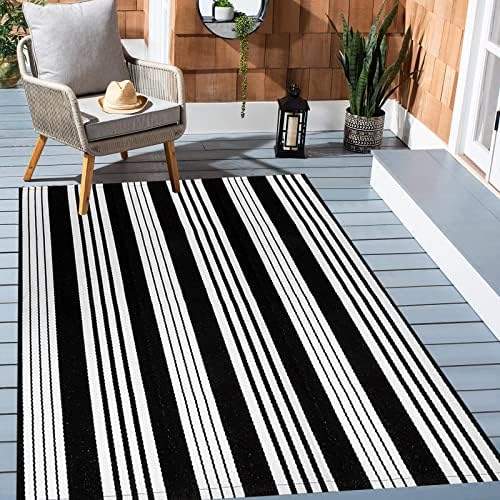 Black and White Outdoor Patio Rug 4'x 6',Cotton Porch Outdoor Area Rug - Image 5
