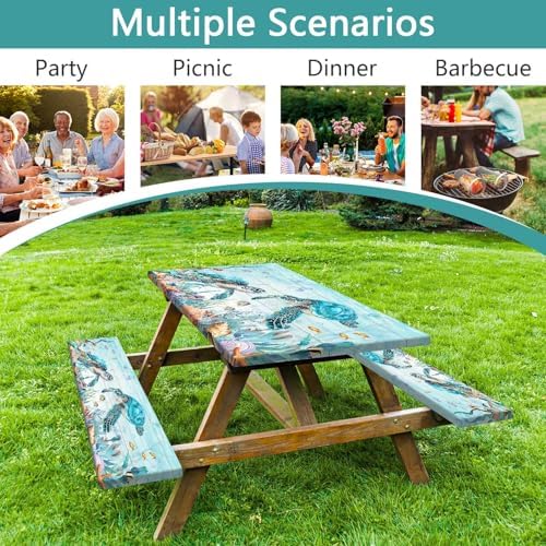 Ocean Sea Turtles Picnic Table Cover with Bench Covers and Bag, Camping Essentials, Waterproof Windproof, Fitted Tablecloth Cover with Elastic Edge, for Indoor & Outdoor, Garden, 3 PCS, 30x72 Inch - Image 5