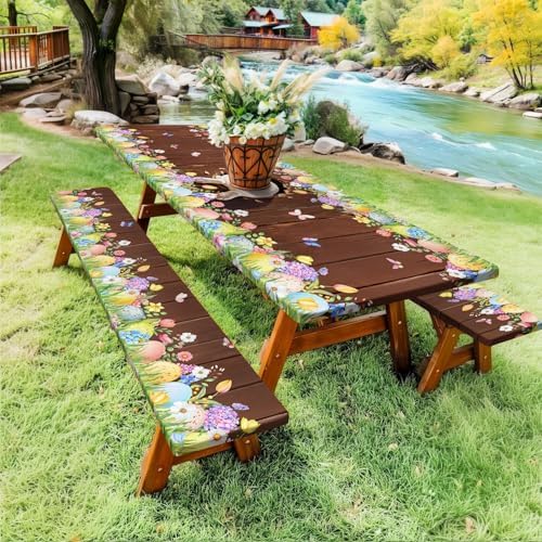 Easter Picnic Table Cover with Bench Covers Elastic Edges, Cute Bunny Flower Brown Wood Fitted Table Cover, Outdoor Patio Camping Essentials, Waterproof Camping Fitted Tablecloth, 3PCS, 30x96 Inch - Image 3