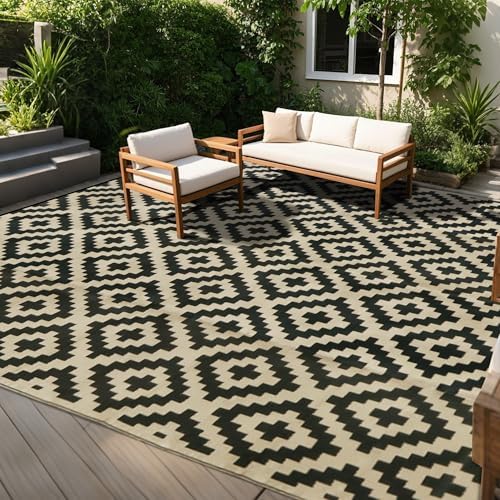 SAND MINE Reversible Mats, Plastic Straw Rug, Modern Area Rug, Large Floor Mat and Rug for Outdoors, RV, Patio, Backyard, Deck, Picnic, Beach, Trailer, Camping, Black & Beige, 10' x 14' by SANDMIND