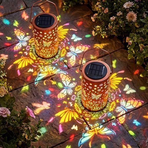2Pack Colorful Butterfly Solar Lanterns Outdoor Decor, Garden Decor Gifts for Women Mom Sister Grandma, LED Hanging Solar Lantern Lights Outside for Table Yard Lawn Garden Path Porch by PASUTO