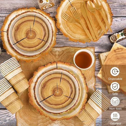 Kochorie 175 Pieces Rustic Wood Slice Party Supplies Camping Wood Grain Slice Tableware Set 7 Inch and 9 Inch Paper Plates Napkins Cups Cutlery for Hunting Birthday Party Decorations, Serve 25 Guests - Image 4