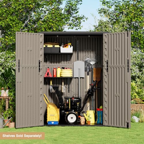 KINYING Outdoor Storage Shed,57 Cu.ft Vertical Outdoor Storage Cabinet Waterproof, Outdoor Resin Tool Shed for Patio Furniture, Garden Tools, Pool Accessories, Lawn Mower(Coffee Color) - Image 5