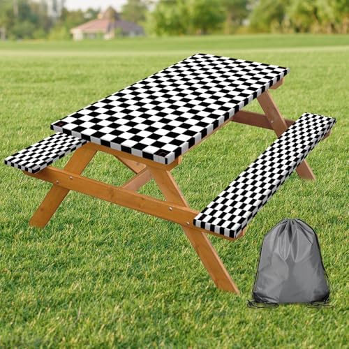 Picnic Table Cover with Bench Covers and Bag, Black and White Checkered Buffalo Plaid Camping Tablecloth Waterproof Windproof Elastic Edges Fitted Gingham Tablecloth for Outdoor Garden 3PCS 30x72 Inch by Xguatan