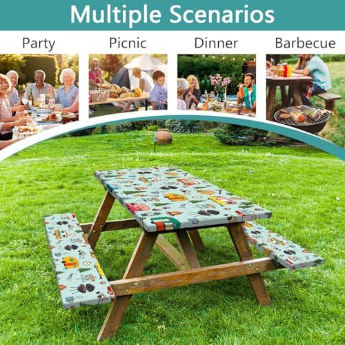Camping Picnic Table Cover with Bench Covers and Bag, Camping Essentials, Waterproof Windproof Fabric, Fitted Tablecloth Cover with Elastic Edge, for Indoor & Outdoor, Garden, 3 PCS, 30x60 Inch - Image 3