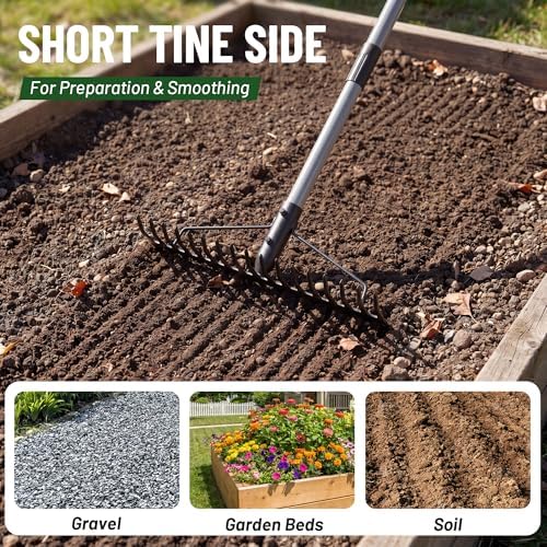 Walensee Heavy Duty Dual-Sided Bow Rake, 63" Stainless Steel Handle, Heat-Treated Manganese Steel Head, 17 Steel Tines Metal Garden Rake for Soil Loosening, Yard Leveling, Lawn Care and Thatch Removal - Image 4