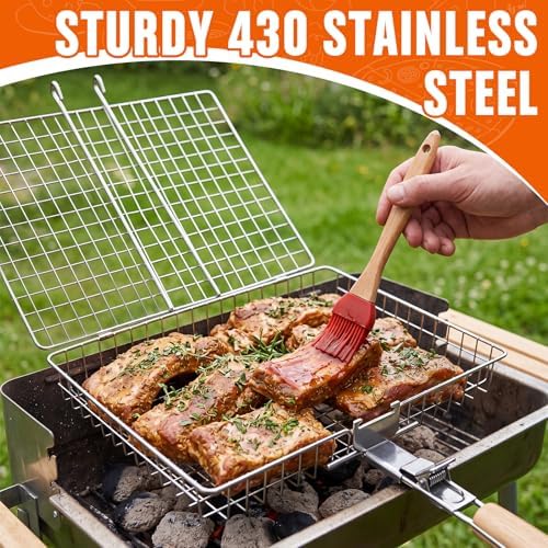 Havawish 3 Pcs BBQ Basket Grill Set 430 Stainless Steel Rectangular Grill Basket with Removable Wooden Handle 2 Rolling Cylinder Baskets for Vegetables Fish Meat Outdoor Grilling Gift for Dad Husband - Image 4