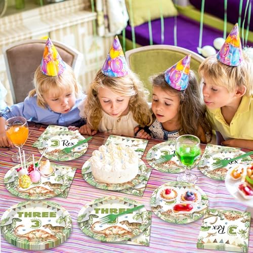 96PCS Dinosaur 3rd Birthday Party Paper Plates and Napkins and Forks Set Watercolor Dino Rex Tableware Set Three Rex Theme Dinnerware Paper Plates for Kids Birthday Gatherings Decorations - Image 5
