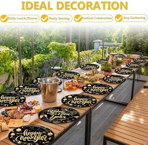 50PCS Happy New Year Oval Paper Plates 11”Large Heavy Duty Black and Gold 2026 New Year's Eve Party Decorations Year of the Horse Disposable Dessert Supplies NYE Holiday Evening Party Tableware Set - Image 5