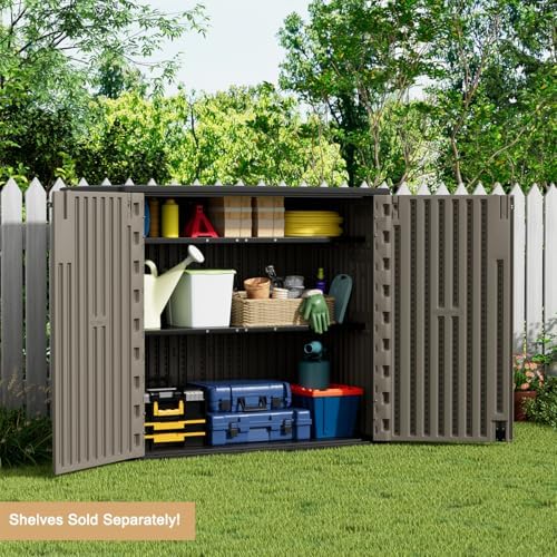 KINYING Outdoor Horizontal Storage Sheds,Outdoor Storage Cabinet Waterproof Resin Tool Storage Box for Lawn Mower,Garden Tools and Patio Furniture, Lockable (Brown) - Image 6