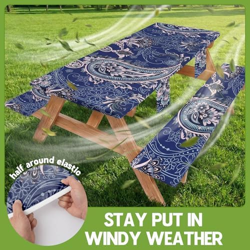 Picnic Table Cover with Bench Covers Waterproof Elastic Rectangle Reusable Folding Tablecloth Manteles Mantelería Camping Essentials Rv Car Travel Supplies Table Cloth Outdoor Road Trip Camper Gifts - Image 3