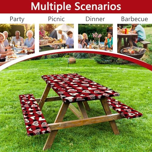 Valentines Day Picnic Table Cover with Bench Covers, Camping Essentials, Heart Buffalo Plaid Outdoor Table Covers, Waterproof Windproof, Fitted Tablecloth Cover with Elastic Edge, 3 PCS, 30x60 Inch - Image 5