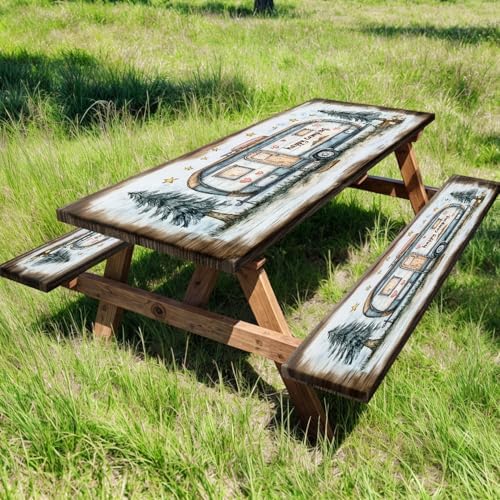Picnic Table Cover with Bench Covers and Bag, Camping Essentials, Camper Forest Wooden Grain Outdoor Table Covers, Waterproof Windproof, Fitted Tablecloth Cover with Elastic Edge, 3 PCS, 30x72 Inch - Image 2