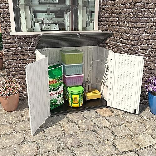 KINYING Outdoor Storage Shed - Horizontal Storage Box Waterproof for Garden, Patios, Backyards, Multi-Opening Door for Easy Storage of Bike, Garbage Cans, Tools, Lawn Mower, Off-White, 26 Cubic Feet - Image 4