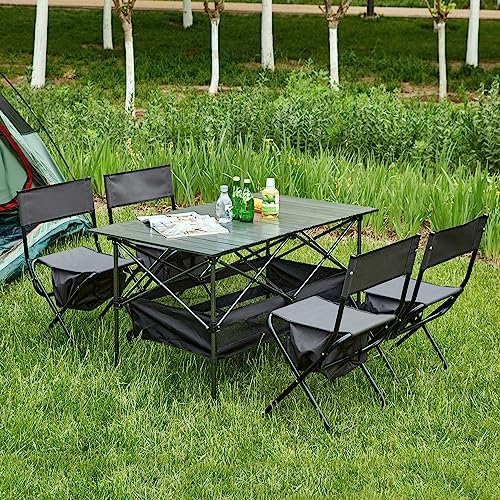 5-Piece Folding Outdoor Table and Chair Set, 46.46" Portable Camping Table with 4 Chairs, Black - Image 3