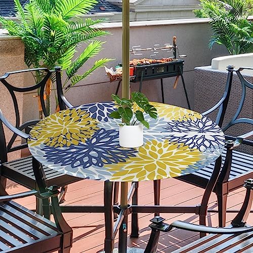 Fitted Round Tablecloth with Umbrella Hole and Zipper Spring Floral Outdoor Elastic Table Cloth 36"-44" Oil-Proof Waterproof Yellow Navy Chrysanthemum Patio Table Cover for Picnic Party - Image 2